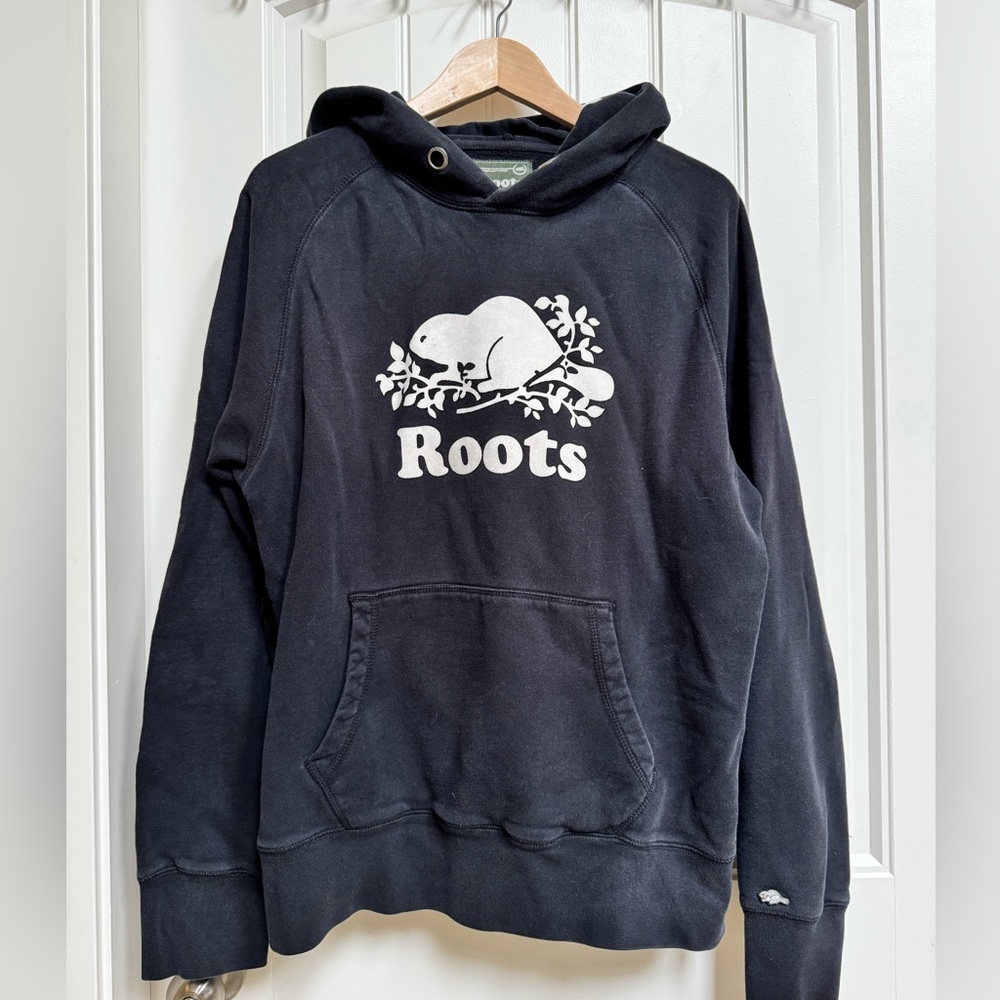 Roots Black Cotton Blend Hoodie. Size Large
